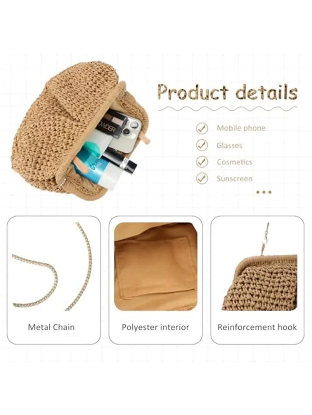 Straw Clutch Purses for Women Cloud Dumpling Pouch Straw Crossbody